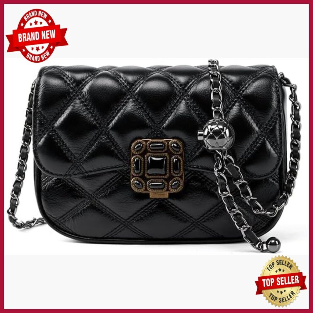 Quilted Genuine Leather Crossbody Bag Small Shoulder Purse Adjustable Chain